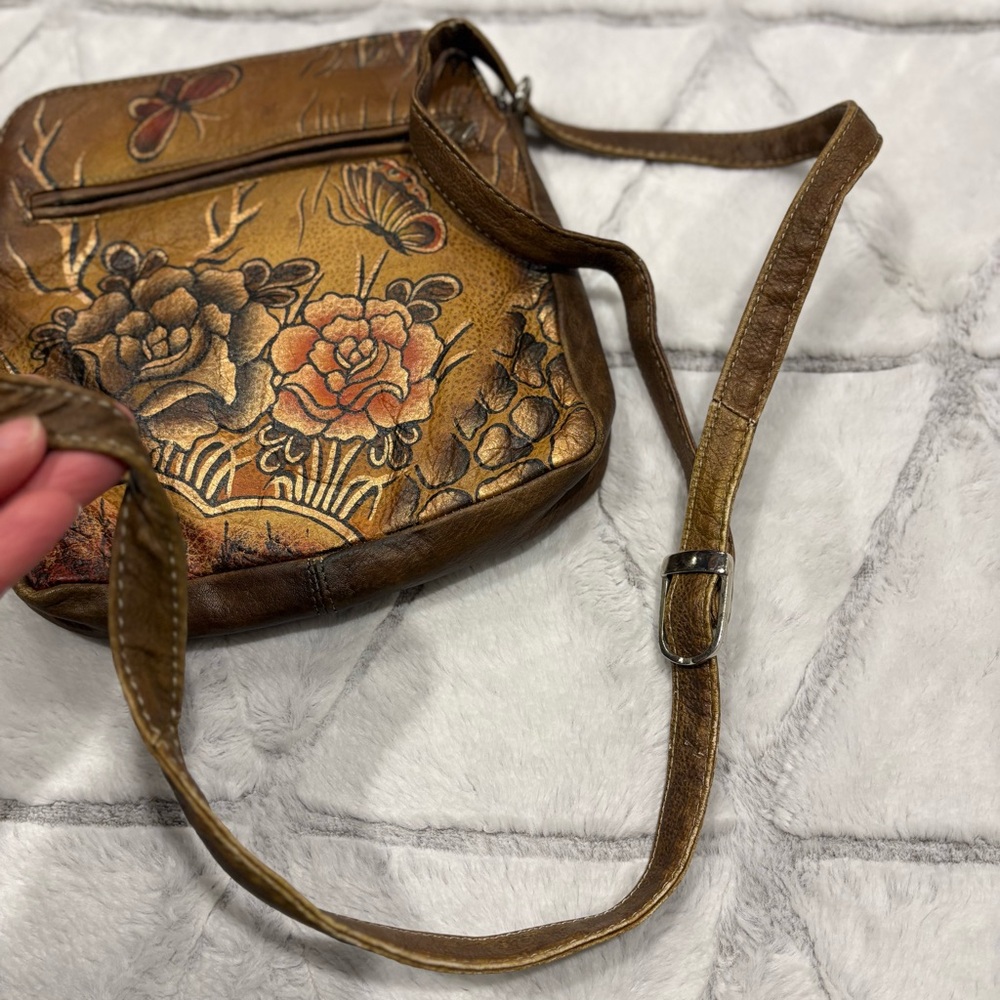 Biacci Handpainted Festival Leather Floral Butterfly Brown crossbody Handbag - Picture 4 of 8